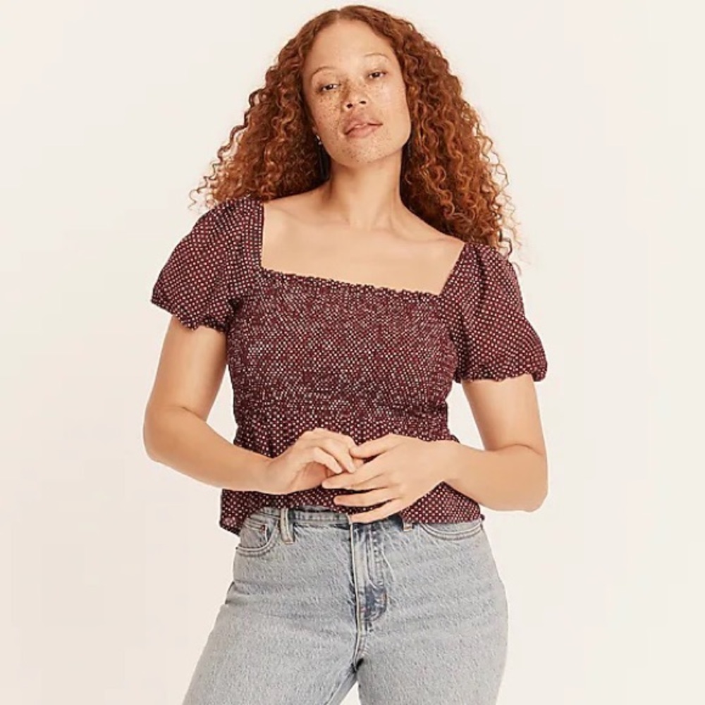 NWT J.Crew Brown Polka Dot Smocked Peplum Puff Sleeve Blouse Top Size XXL